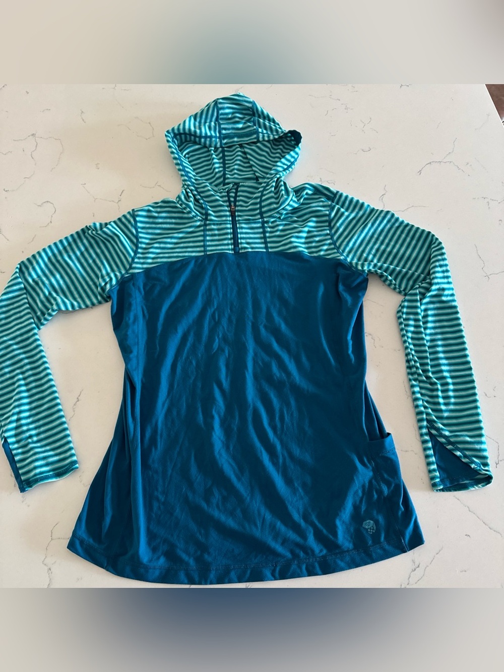 Mountain Hardwear Womens Teal Striped Hooded Long-Sleeve Top Lightweight 1/4 zip